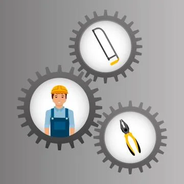 Construction worker inside mechanical gear and tools Illustrazione stock