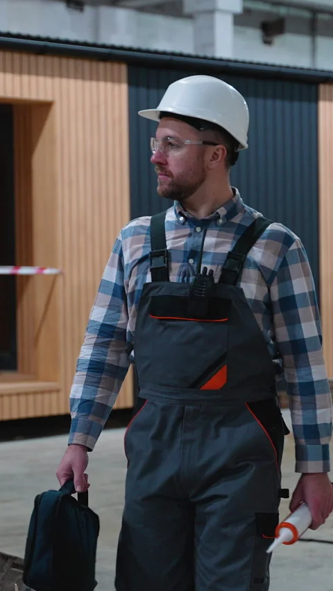 Construction worker inspecting modular home manufacturing site Stock Footage 301828783