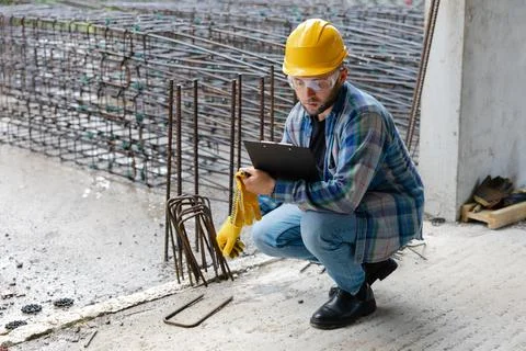 Construction worker inspecting rebar framing on building site Stock-Fotos