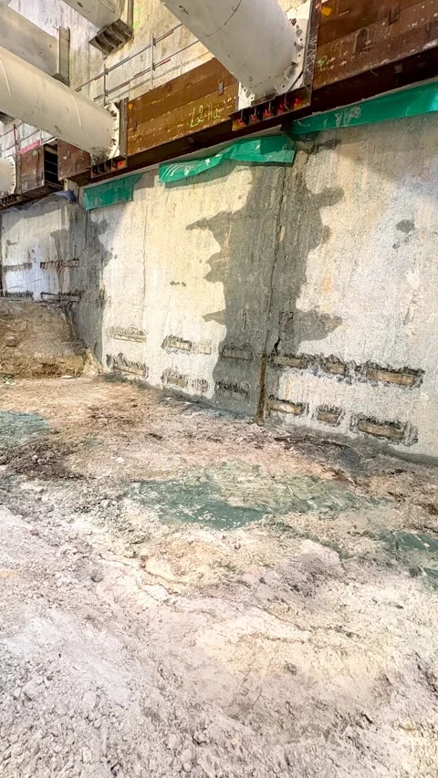 Construction Worker Inspecting Shored Walls In Paris Metro Deep Pit Video stock 322179747