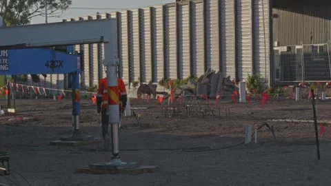Construction Worker Inspects Concrete Pump Early Morning Building Site Stock Footage 304093123