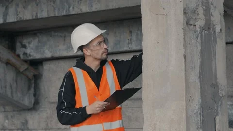 A construction worker inspects a dilapidated building and makes entries in a log Video stock 132354250