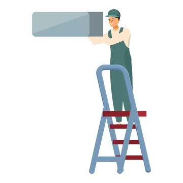 Construction worker installing air conditioning using ladder 库存插图