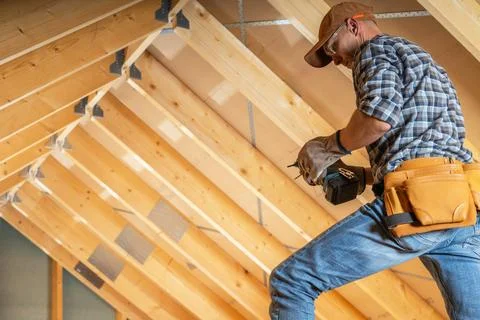 Construction Worker Installing Beams in an Attic Renovation Project Foto stock