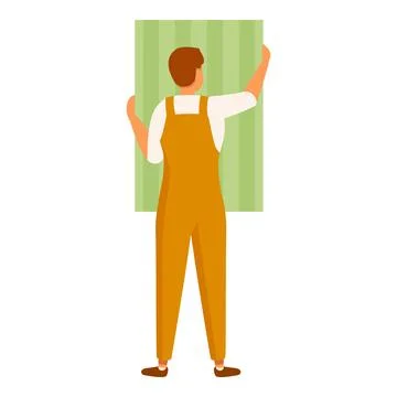Construction worker installing green plasterboard panel, rear view Ilustración de archivo