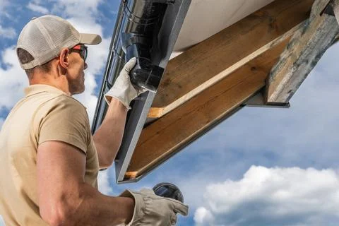 Construction Worker Installing Gutter Elements. Foto stock