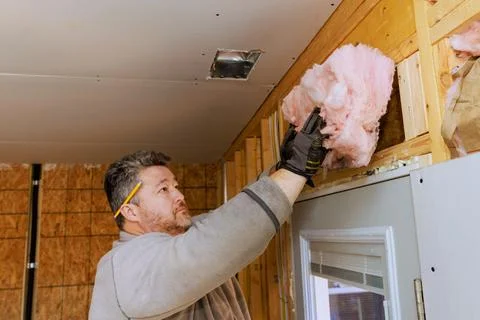 Construction worker installing insulation in a residential building during Stock Photos