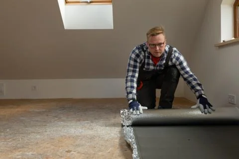 Construction worker installing laminate floor in a new renovated attic. Home Stock Photos