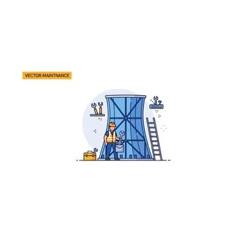 Construction worker installing a large blue metal door frame Stock Illustration