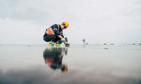 Construction worker installing solar panels on a cloudy day in an outdoor l.. Stock Photos