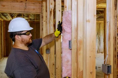 Construction worker installing thermal insulation layer under the wall using  Foto stock