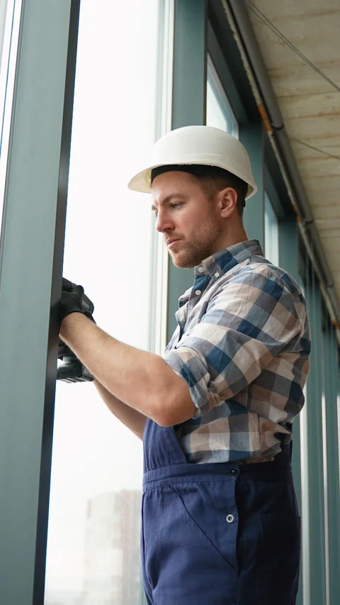 Construction worker installing window in building Video stock 314573370