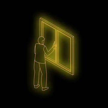 Construction worker installing window frame isometric neon style icon Stock Illustration
