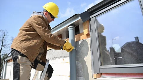 Construction Worker Installs Plastic Gutters on Residential Building in Sunny Stock Footage 284231548