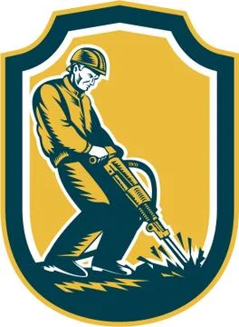 Construction worker jackhammer drill shield retro Stock Illustration