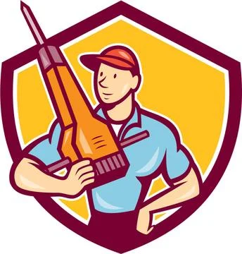 Construction Worker Jackhammer Shield Cartoon Illustration of a constructi... Foto stock