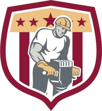 Construction worker jackhammer shield retro Stock Illustration