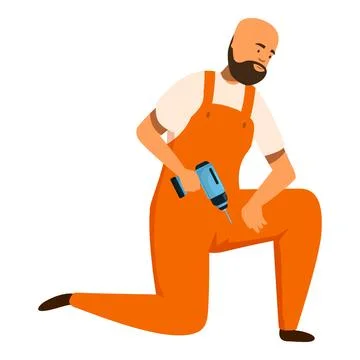 Construction worker kneeling and using cordless drill for home repair Illustrazione stock