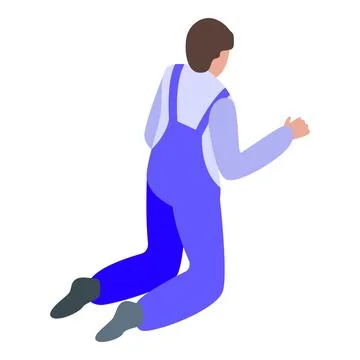 Construction worker kneeling down pointing with hand isometric view Illustrazione stock
