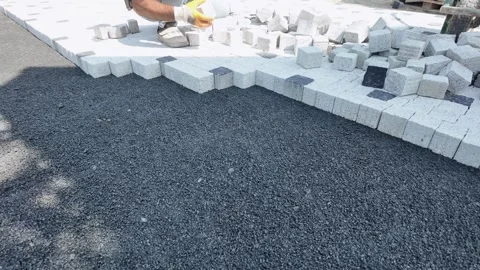 Construction Worker Laying Interlocking Concrete Paving Stones Sidewalk Stock Footage 341931458