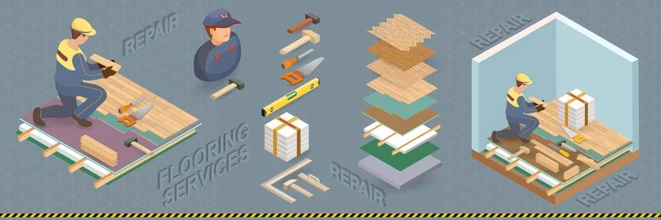The construction worker is laying parquet. Vector isometric  illustration. Illustrazione stock