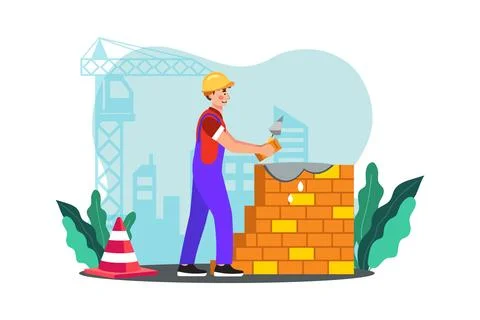 A construction worker lays bricks to build a sturdy wall. Stock Illustration
