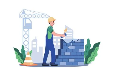 Construction worker lays bricks for sturdy wall. Ilustración de archivo