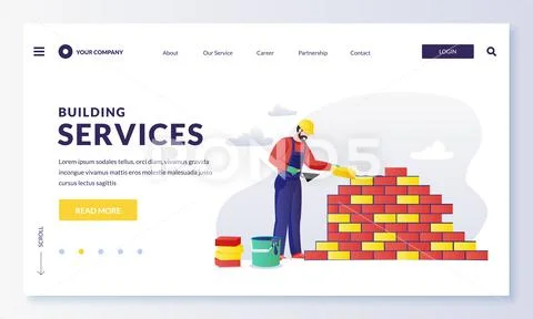 Construction worker lays house brick wall. House construction and building se Stock Illustrationen