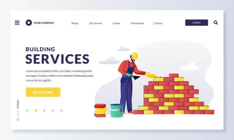 Construction worker lays house brick wall. House construction and building se Stock Illustration