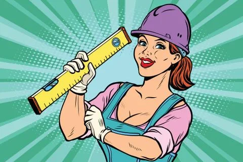 Construction worker with level. Woman professional Stock Illustration