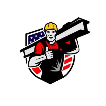 Construction worker lifting an iron badge shield vector icon Stock Illustration