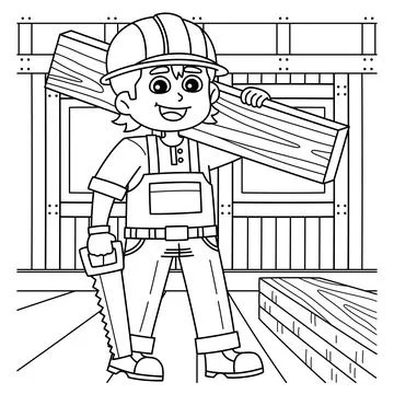 Construction Worker Lifting a Log Coloring Page Stock Illustration