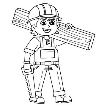 Construction Worker Lifting Log Isolated Coloring Stock Illustration