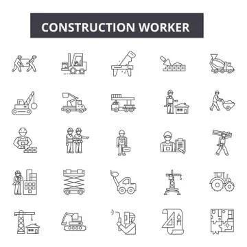 Construction worker line icons for web and mobile design. Editable stroke signs Stock Illustration