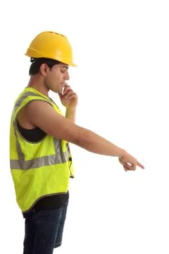 Construction worker looking pointing down Stock Photos