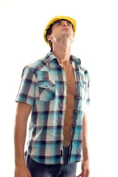 Construction worker looking skyward Stock Photos