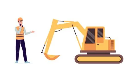 Construction worker man and yellow excavator isolated on white background Stock Illustration
