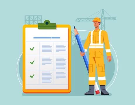 Construction worker man with giant pencil near marked checklist on clipboard Illustrazione stock