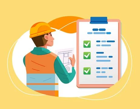 Construction worker man with marked checklist on clipboard Successful 스톡 일러스트