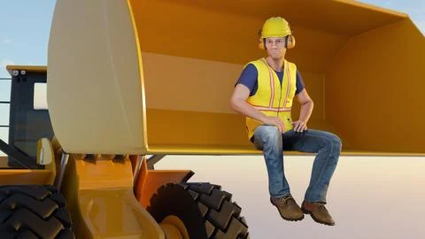 Construction worker man sitting in an excavator hard hat yellow bib backhoe.. Stock Illustration