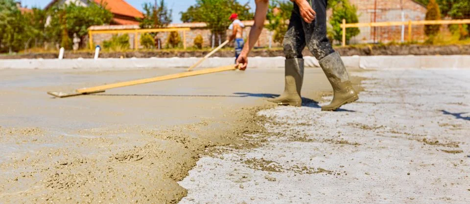 Construction worker, mason is leveling fresh concrete using handmade tool Stock Photos