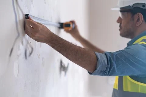 Construction worker measuring shabby wall near hanging wires preparing for Stock Photos