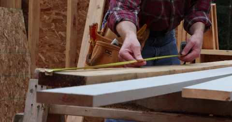 Construction worker measuring wood beams with a measuring tape and marking Stock Footage 139790188