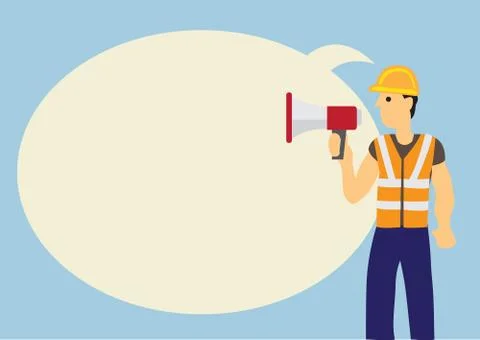 Construction worker with a megaphone and a giant speech bubble against a blue Ilustración de archivo