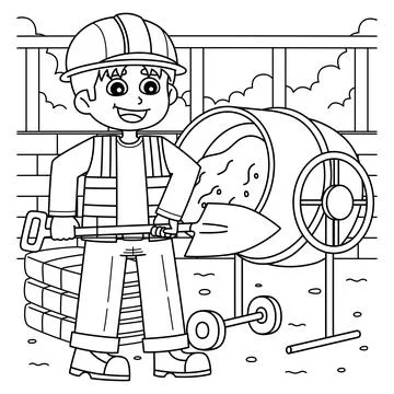 Construction Worker Mixing Cement Coloring Page Stock Illustration