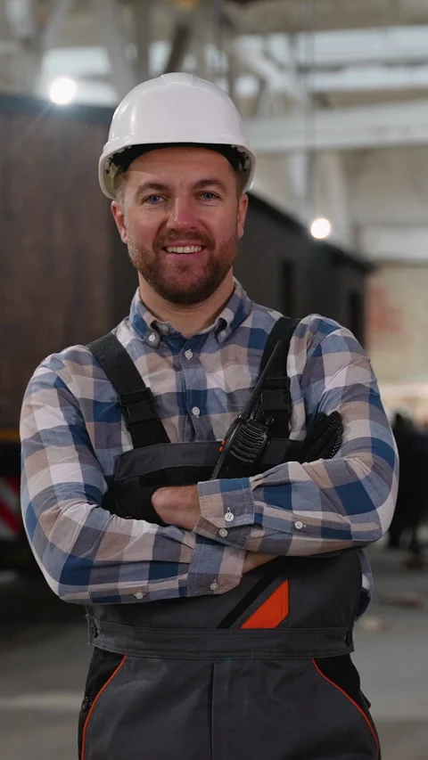 Construction worker at modular home factory site Video stock 301828423