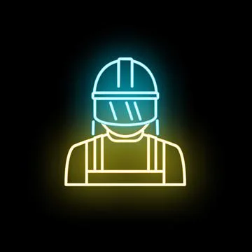 Construction worker neon glowing icon on dark background Stock Illustration