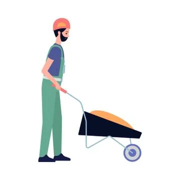 Construction worker or builder with hand truck flat vector illustration isolated Stock Illustration
