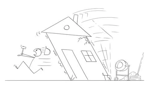 Construction Worker or Builder Running From Collapsing House, Vector Cartoon Stock Illustration