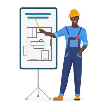 Construction worker or engineer in helmet pointing at floor plan Illustrazione stock